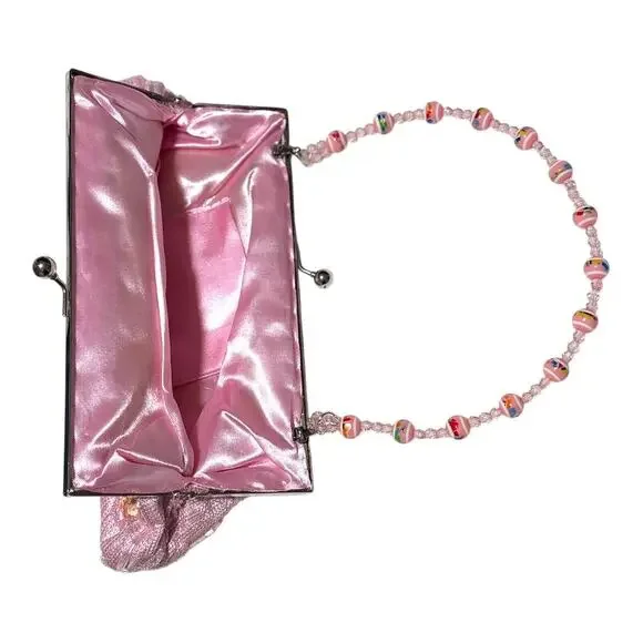 Small Light Pink Sequin Purse w/ Beaded Curved Strap - Multicolor Shimmer - Picture 5 of 7